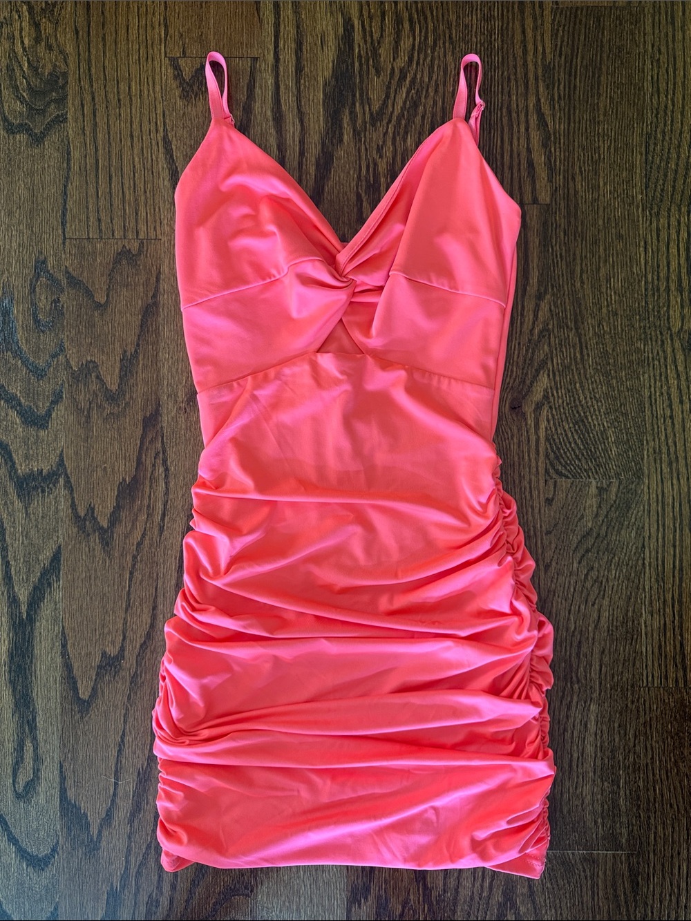 Girls Katie J NYC Neon Coral Twist-Front Ruched Slip Mini Dress with Cutout